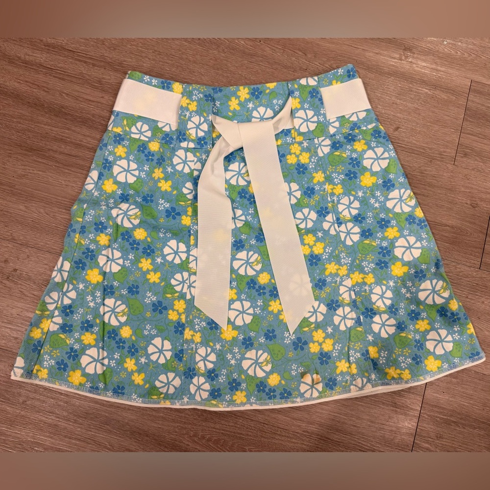 Lilly Pulitzer Blue and Yellow Floral Skirt Mod A-line Sz 4